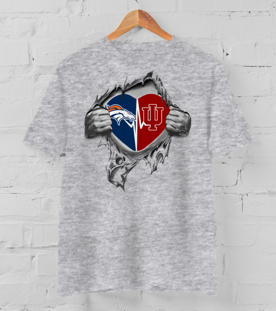 Broncos Indiana Hoosiers Heart Design Featuring Split Logo With Hands T-Shirt