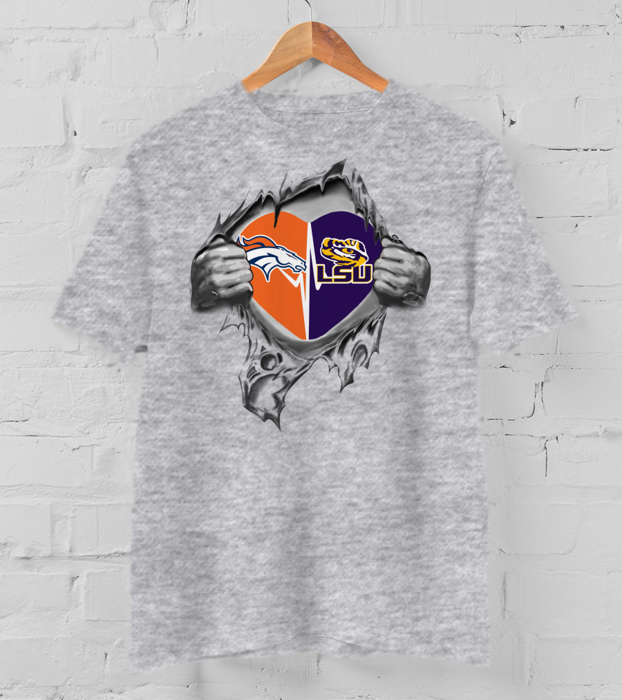 Broncos Lsu Tigers Heart Design With Ripped T-Shirt