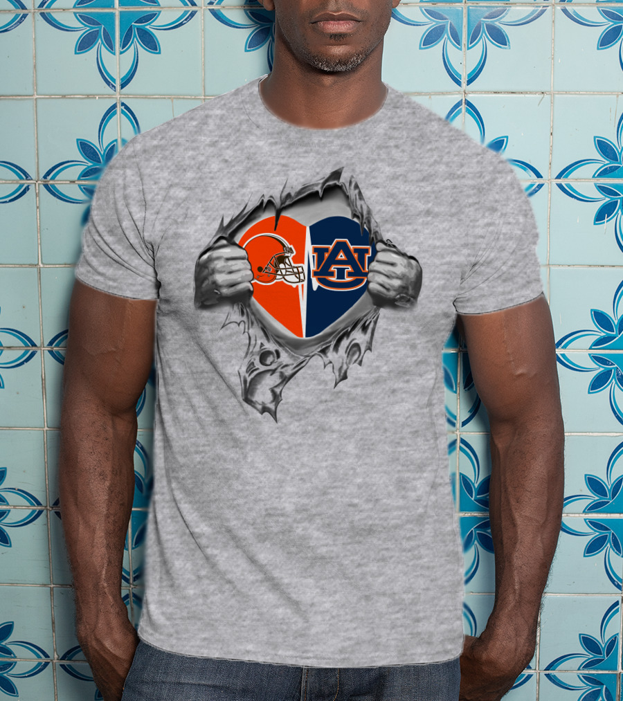 Browns Auburn Tigers Heart Peel Logo Combination T-Shirt