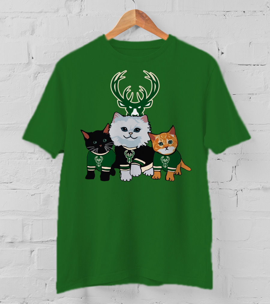 Milwaukee Bucks Cats Trio With Team Logos And Deer Antlers T-Shirt