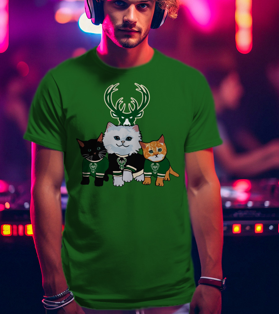 Milwaukee Bucks Cats Trio With Team Logos And Deer Antlers T-Shirt