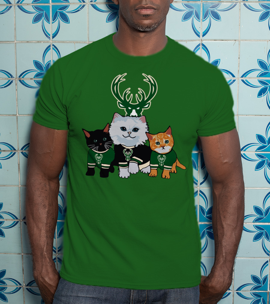 Milwaukee Bucks Cats Trio With Team Logos And Deer Antlers T-Shirt