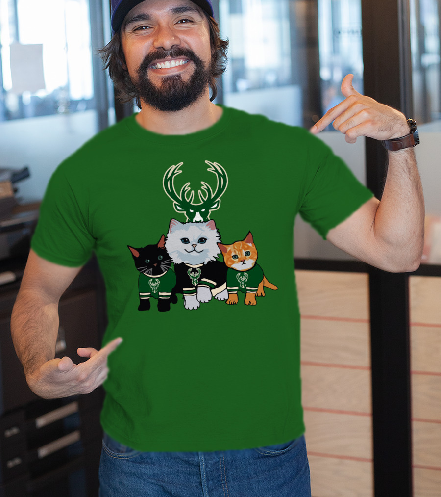 Milwaukee Bucks Cats Trio With Team Logos And Deer Antlers T-Shirt