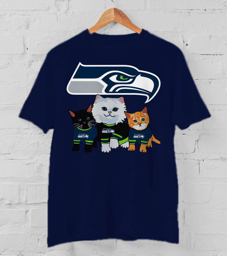 Seattle Seahawks Logo With Cats In Team Jerseys T-Shirt