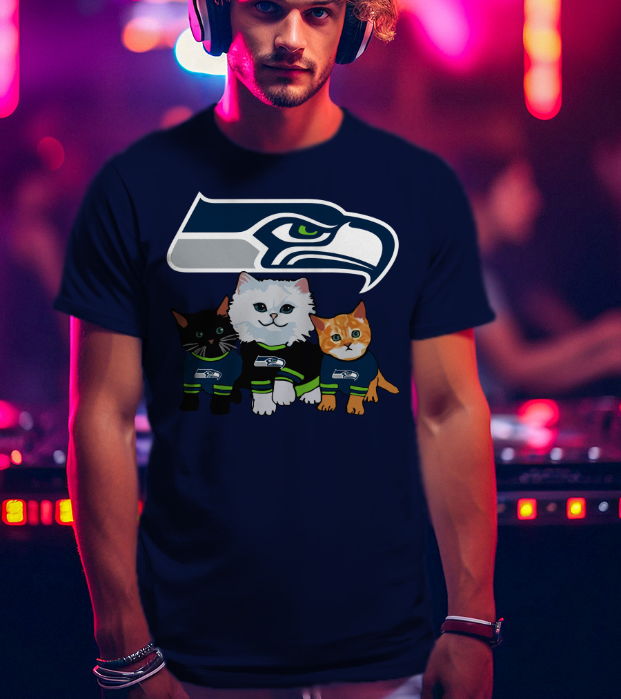 Seattle Seahawks Logo With Cats In Team Jerseys T-Shirt