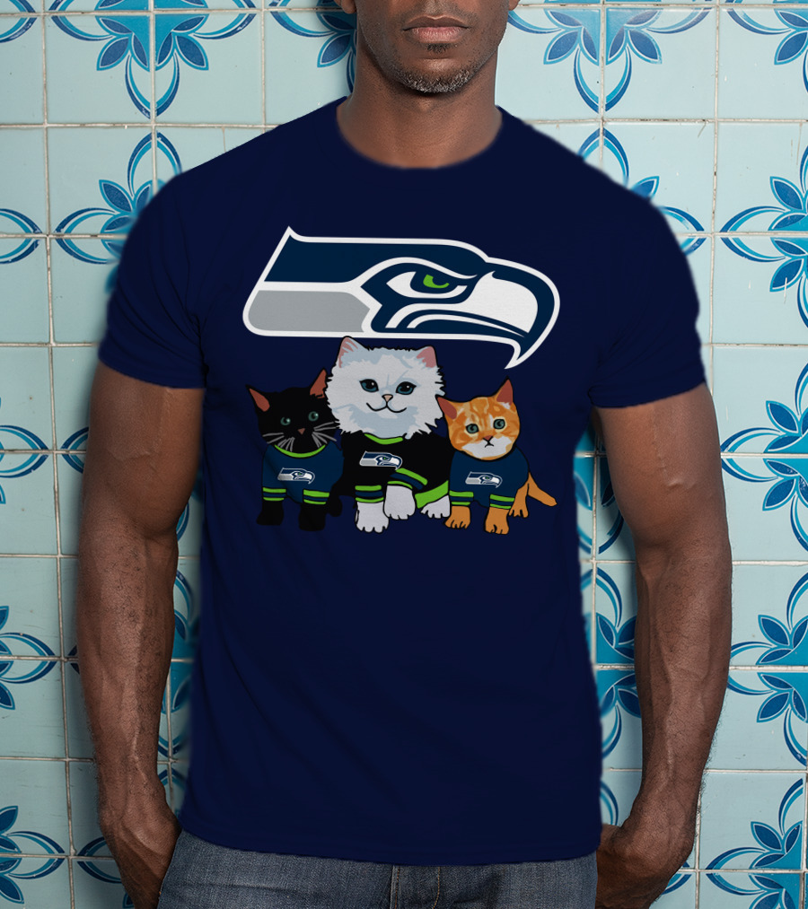 Seattle Seahawks Logo With Cats In Team Jerseys T-Shirt