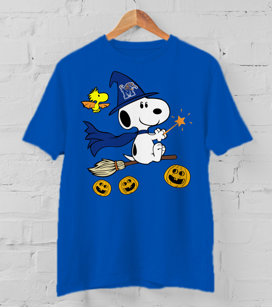 Snoopy And Woodstock Flying Witch With Memphis Tigers Hat And Happy Halloween Pumpkins T-Shirt