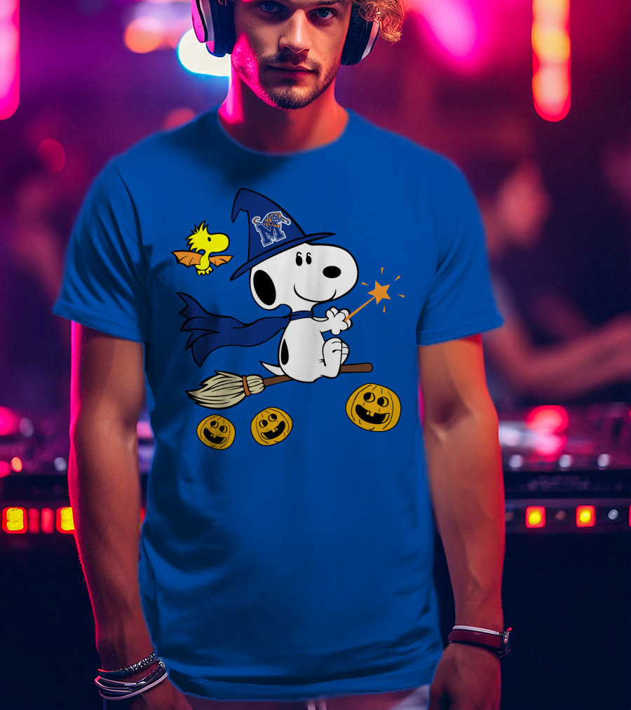 Snoopy And Woodstock Flying Witch With Memphis Tigers Hat And Happy Halloween Pumpkins T-Shirt