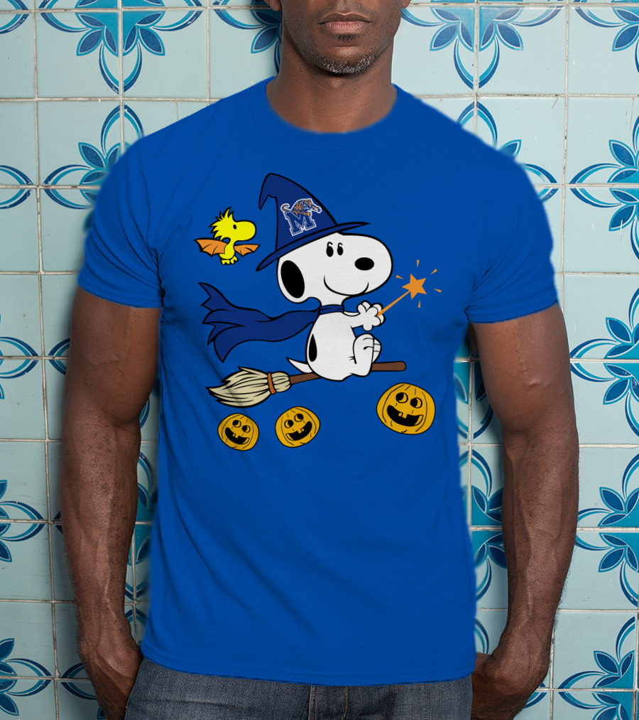 Snoopy And Woodstock Flying Witch With Memphis Tigers Hat And Happy Halloween Pumpkins T-Shirt