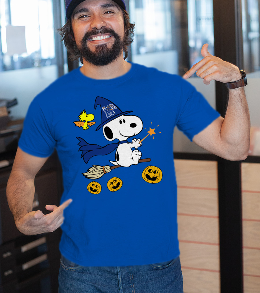 Snoopy And Woodstock Flying Witch With Memphis Tigers Hat And Happy Halloween Pumpkins T-Shirt