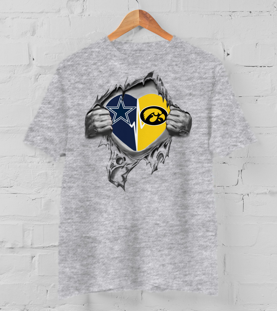 Cowboys And Iowa Hawkeyes Passion Torn Heart With Logos T-Shirt