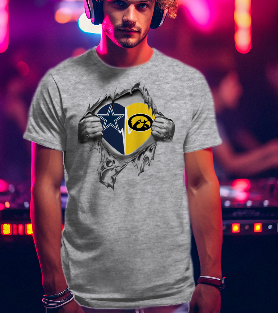 Cowboys And Iowa Hawkeyes Passion Torn Heart With Logos T-Shirt