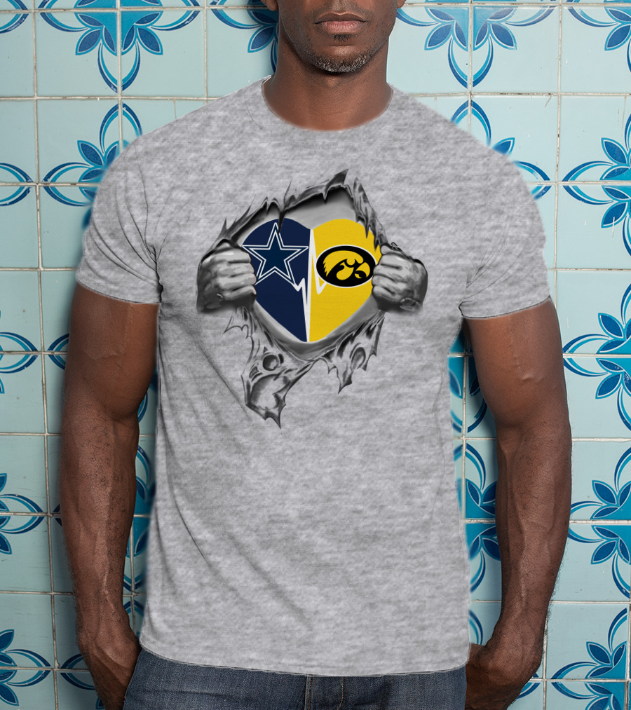 Cowboys And Iowa Hawkeyes Passion Torn Heart With Logos T-Shirt
