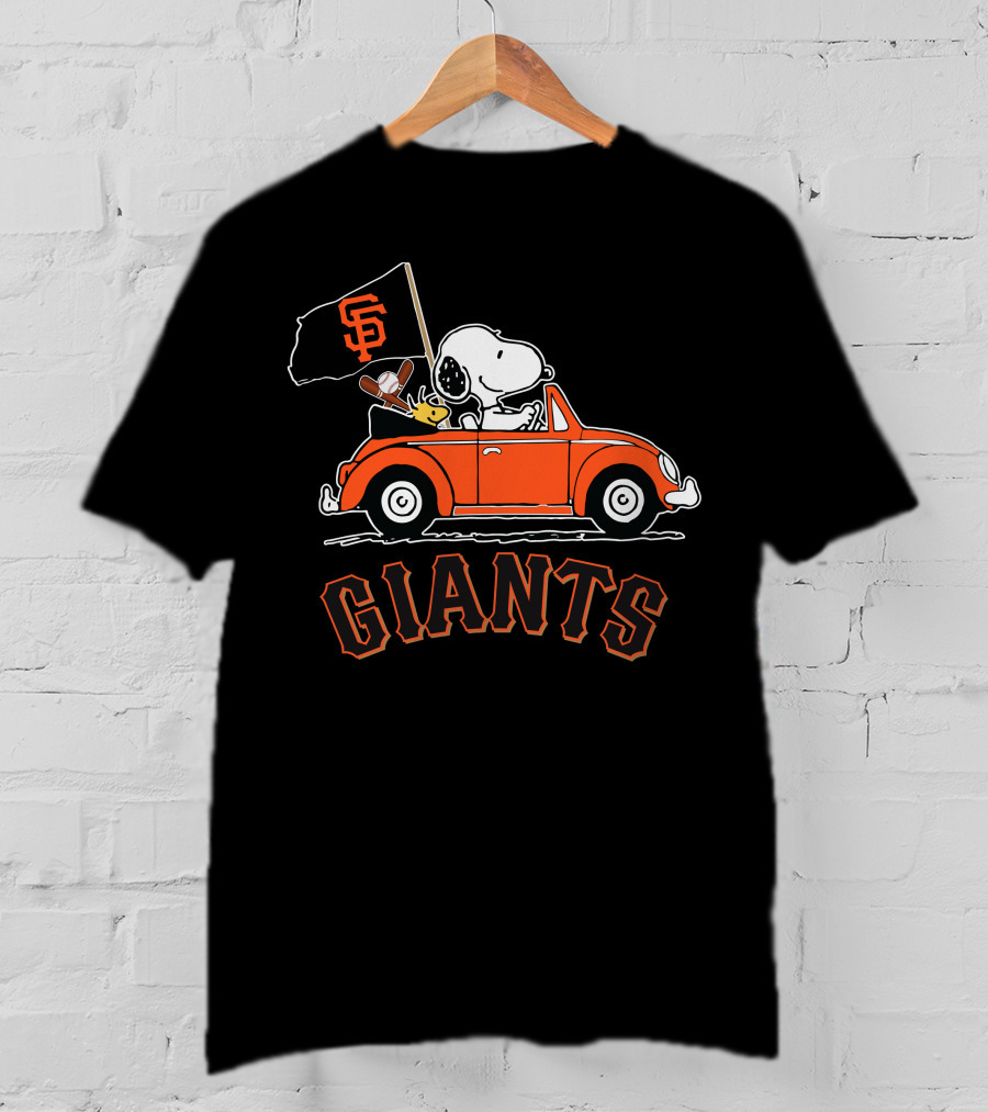 San Francisco Giants Snoopy Riding Forever With Woodstock In Orange Car T-Shirt