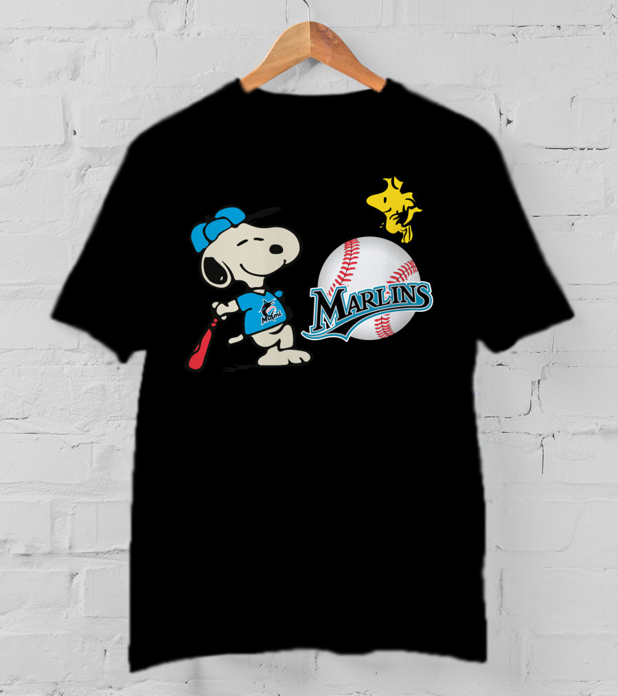 Miami Marlins Snoopy Baseball Woodstock Cartoon T-Shirt
