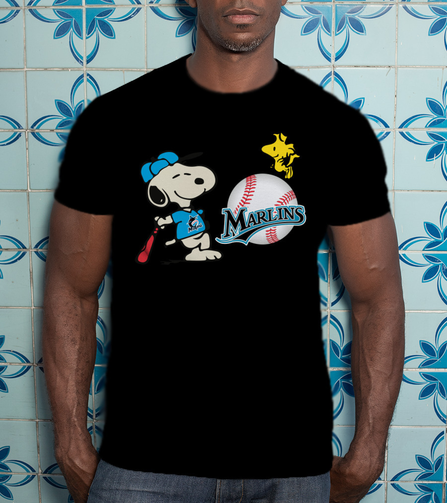 Miami Marlins Snoopy Baseball Woodstock Cartoon T-Shirt