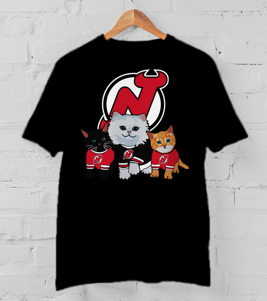 New Jersey Devils Cute Cats In Red Jerseys With Team T-Shirt