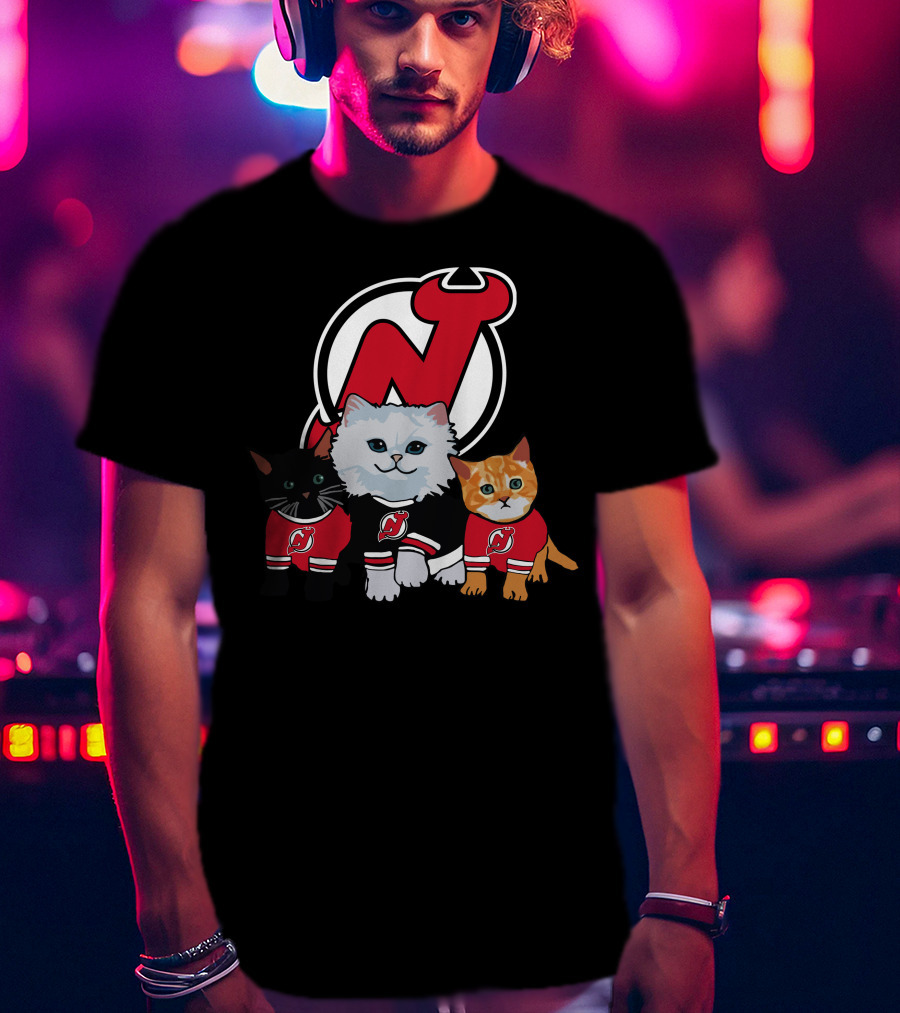 New Jersey Devils Cute Cats In Red Jerseys With Team T-Shirt