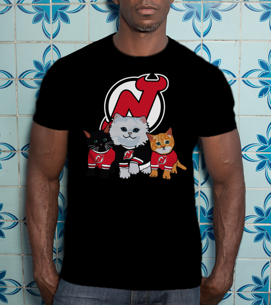 New Jersey Devils Cute Cats In Red Jerseys With Team T-Shirt