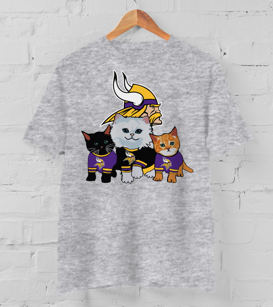 Minnesota Vikings Cats In Purple Jerseys With Viking Helmet T-Shirt