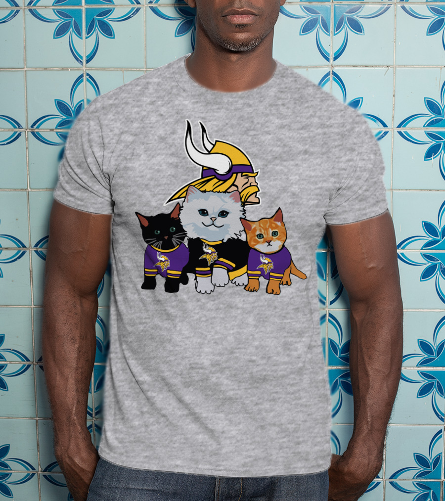 Minnesota Vikings Cats In Purple Jerseys With Viking Helmet T-Shirt