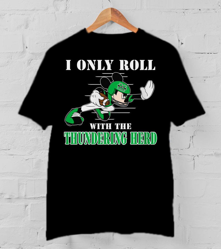 I Only Roll With The Thundering Herd Marshall M Football Player Cartoon T-Shirt