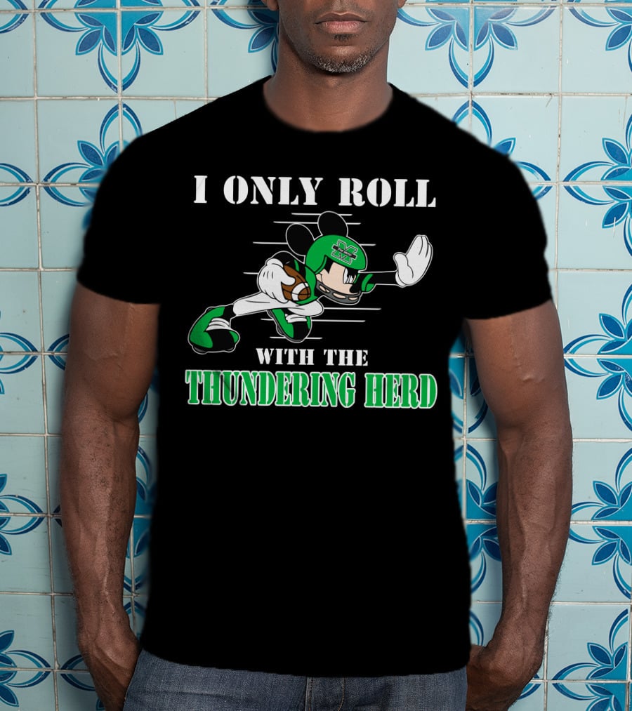 I Only Roll With The Thundering Herd Marshall M Football Player Cartoon T-Shirt