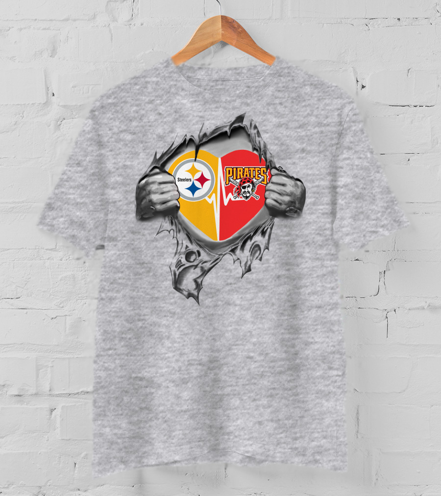 Steelers Pirates Heart Design In Torn Fabric T-Shirt