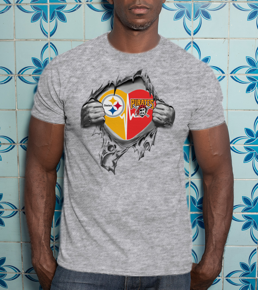 Steelers Pirates Heart Design In Torn Fabric T-Shirt