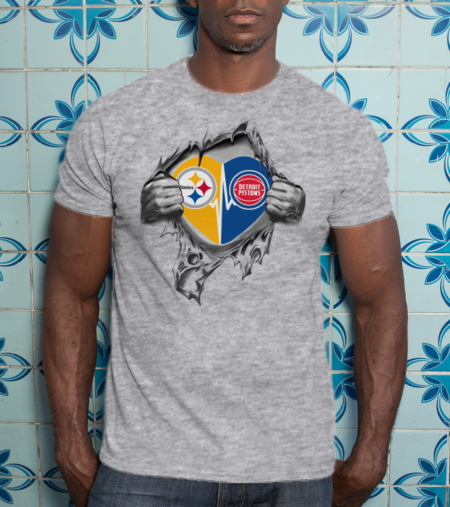 Steelers Detroit Pistons Heart Design Featuring Logos And Ripped Effect T-Shirt