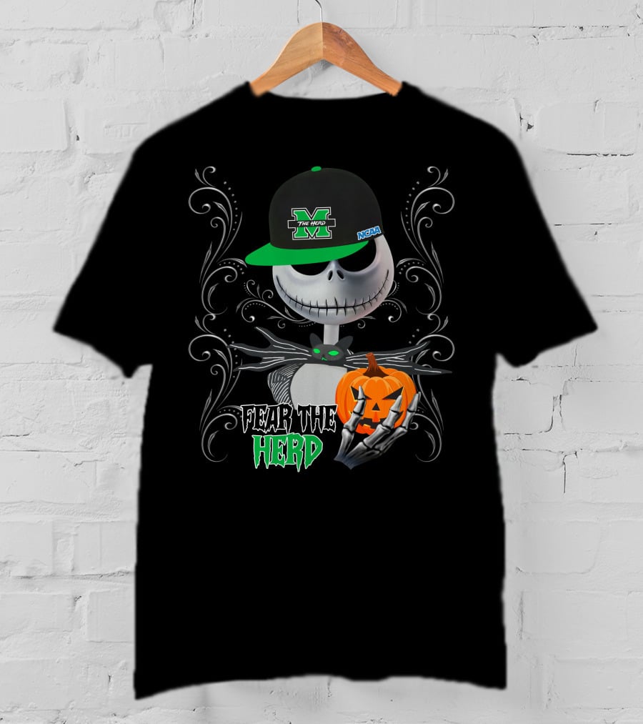 Marshall Thundering Herd Fear The Herd Halloween NCAA Skeleton With Pumpkin T-Shirt