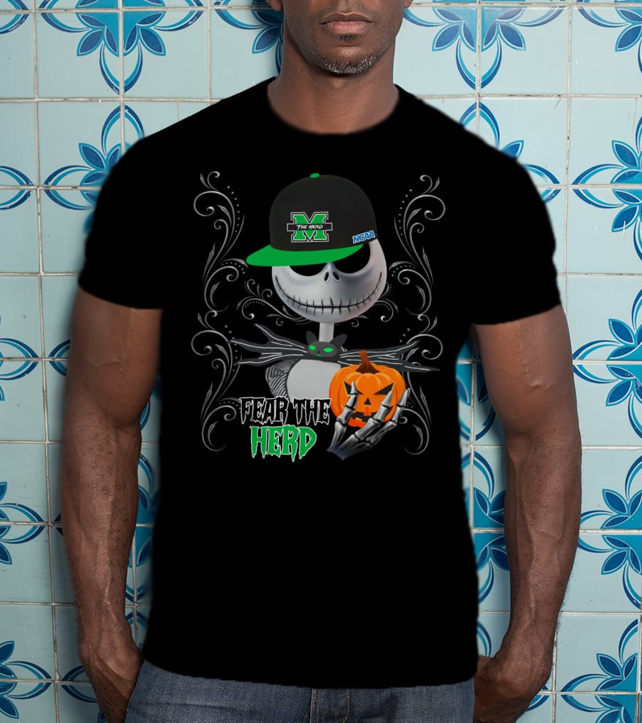 Marshall Thundering Herd Fear The Herd Halloween NCAA Skeleton With Pumpkin T-Shirt