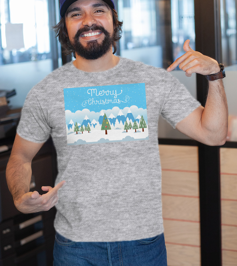 Merry Christmas Snowy Mountain Landscape With Decorated Tree T-Shirt