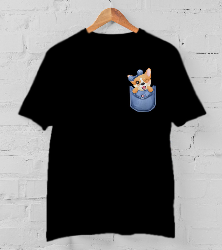 Corgi In Blue Pocket With Winking Bow T-Shirt