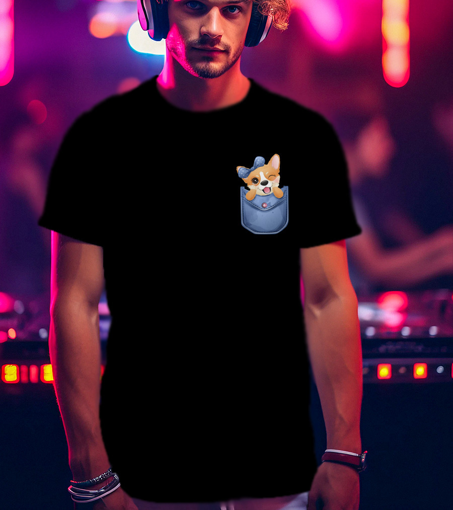 Corgi In Blue Pocket With Winking Bow T-Shirt