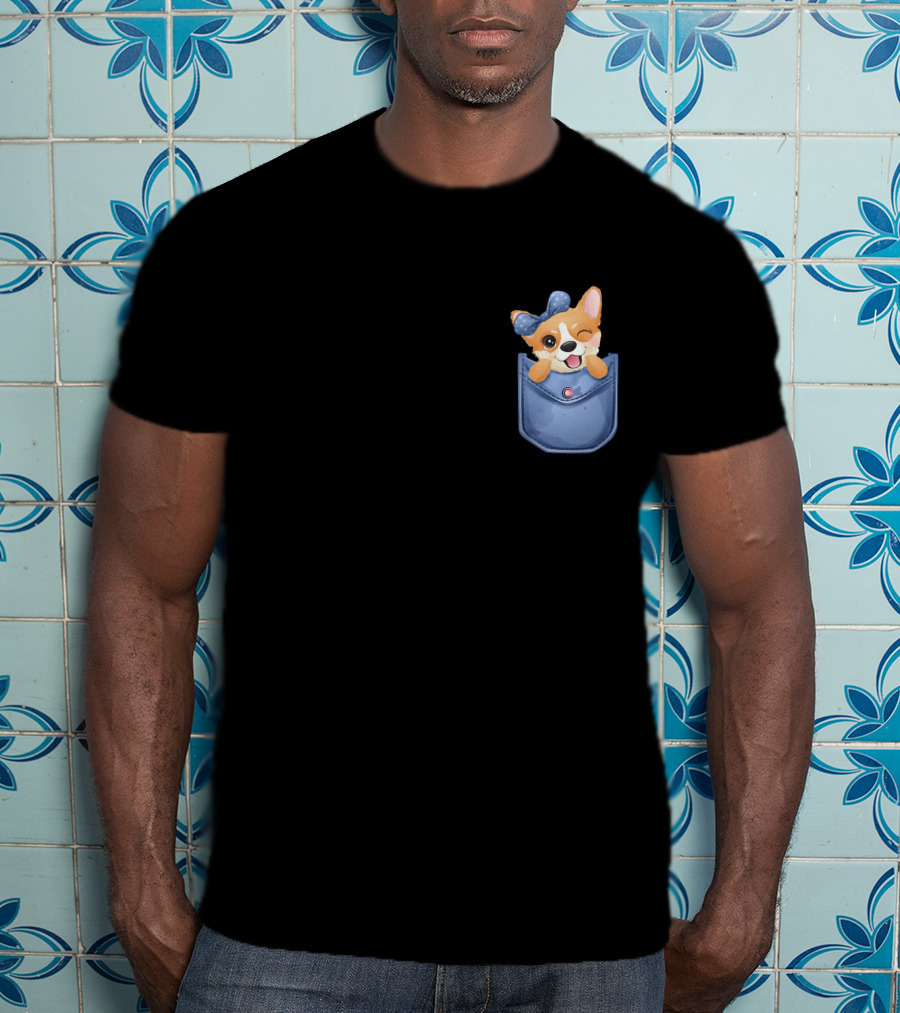 Corgi In Blue Pocket With Winking Bow T-Shirt
