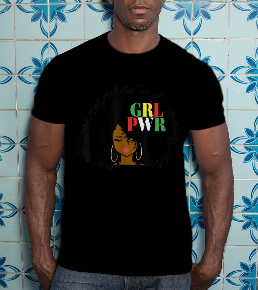 Girl Power GRL PWR Black Girl Magic African American Queen Afro Hair T-Shirt