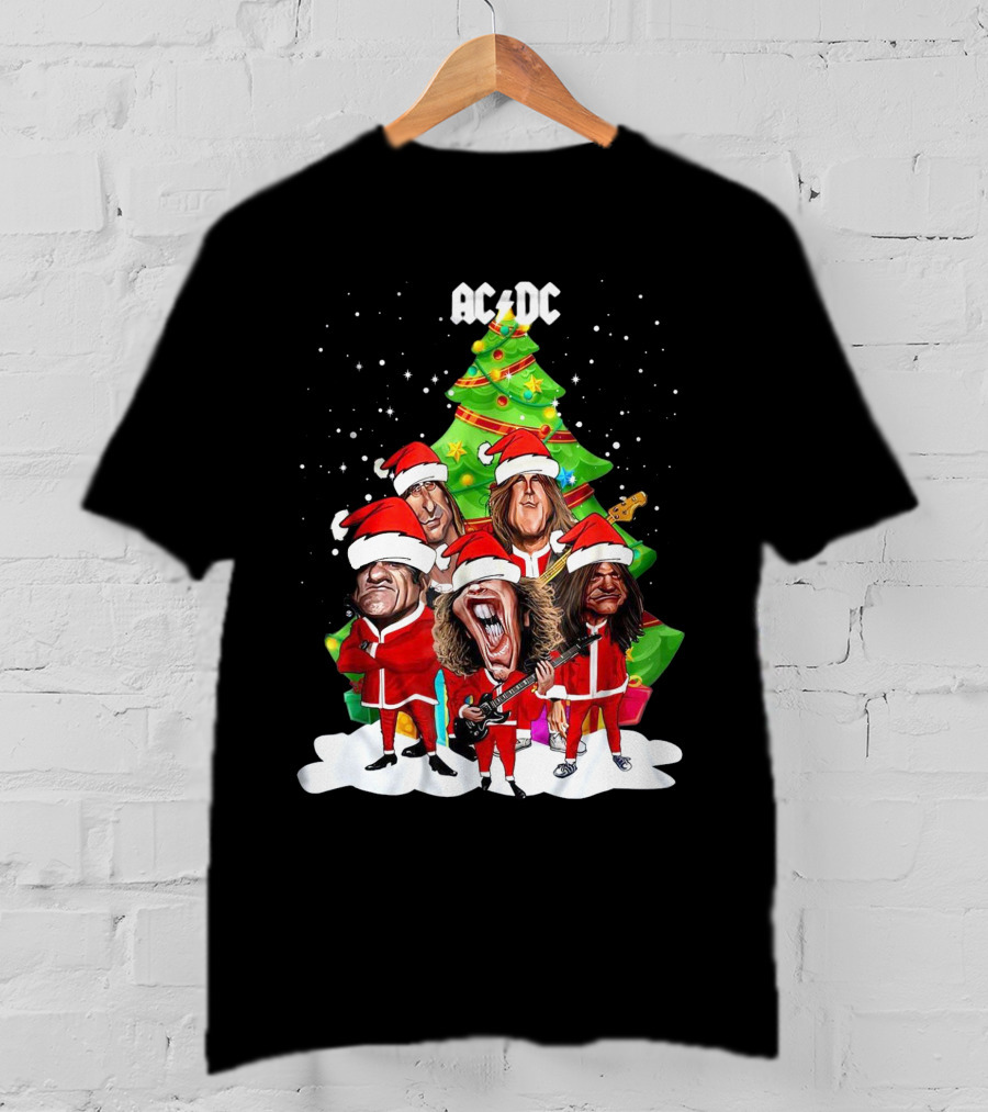 ACDC Christmas Band Santa Hats Cartoon Snow Guitar Christmas Tree T-Shirt