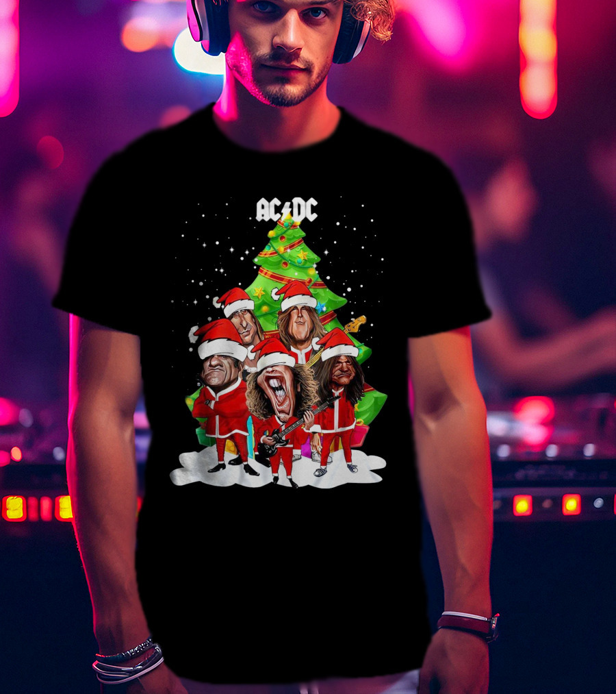 ACDC Christmas Band Santa Hats Cartoon Snow Guitar Christmas Tree T-Shirt