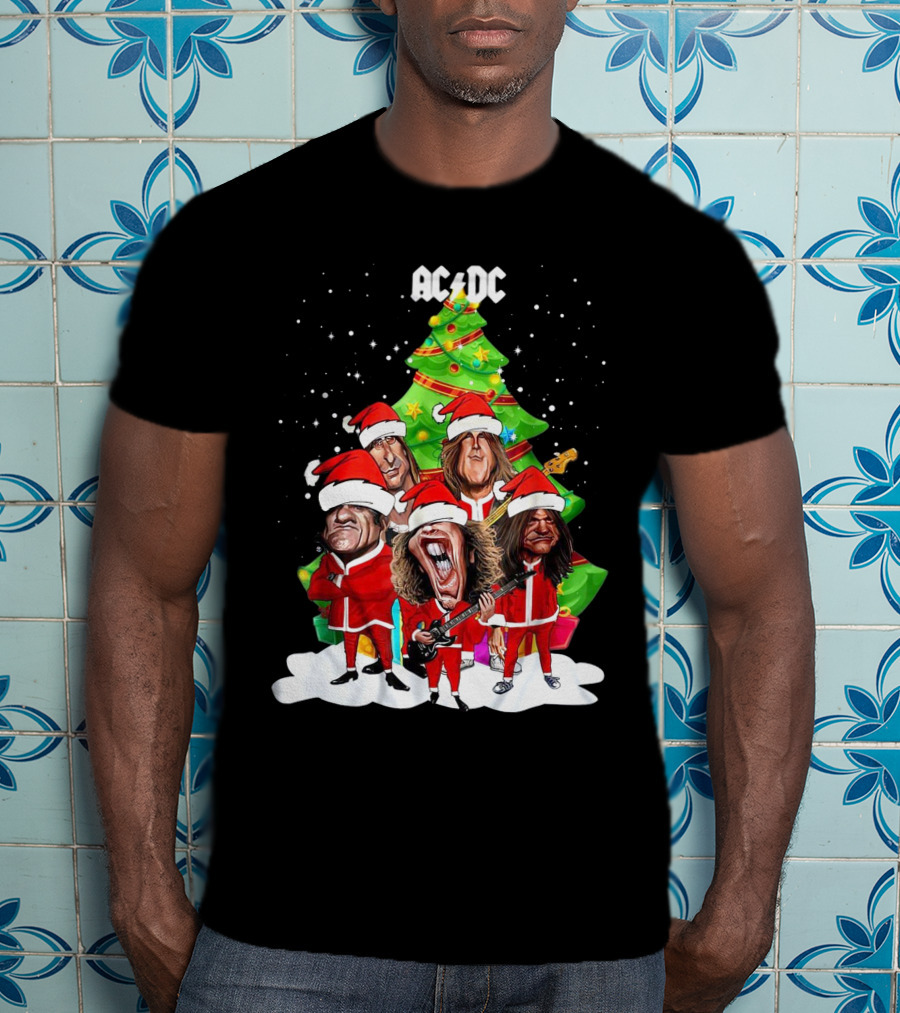 ACDC Christmas Band Santa Hats Cartoon Snow Guitar Christmas Tree T-Shirt