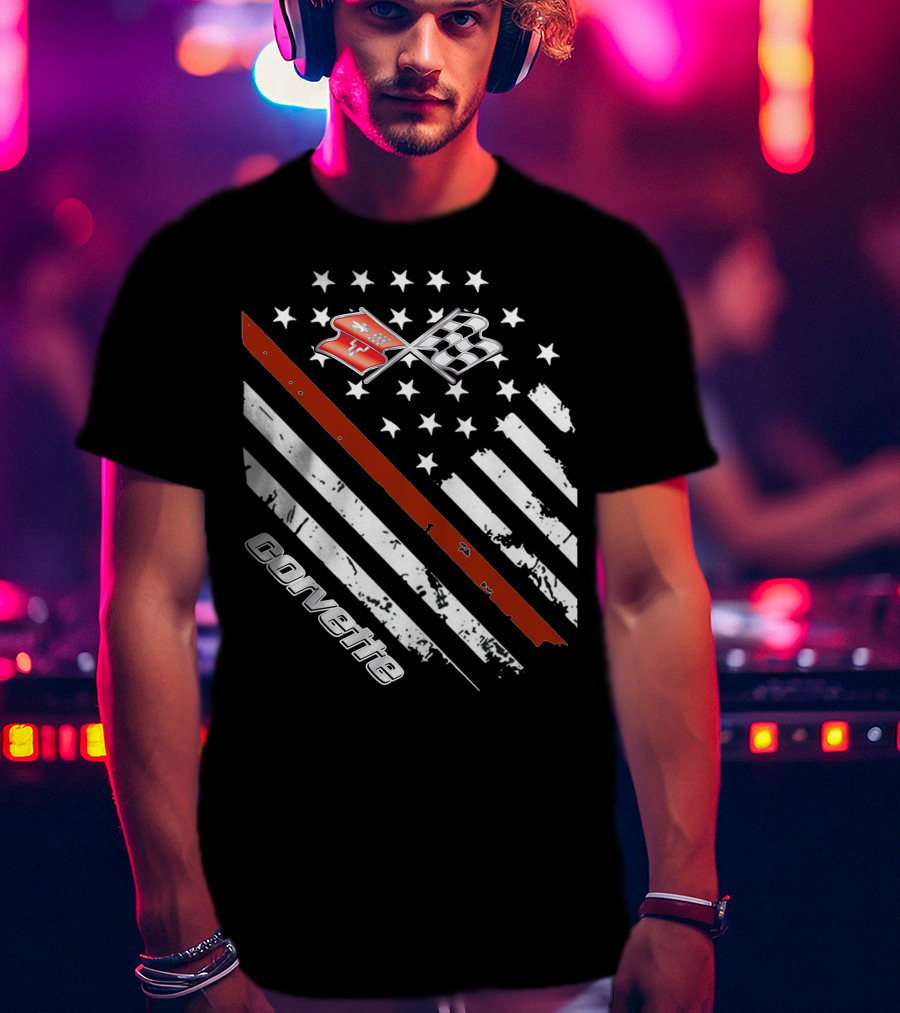 Corvette C3 American Flag Vintage Racing Stripes And Emblems T-Shirt