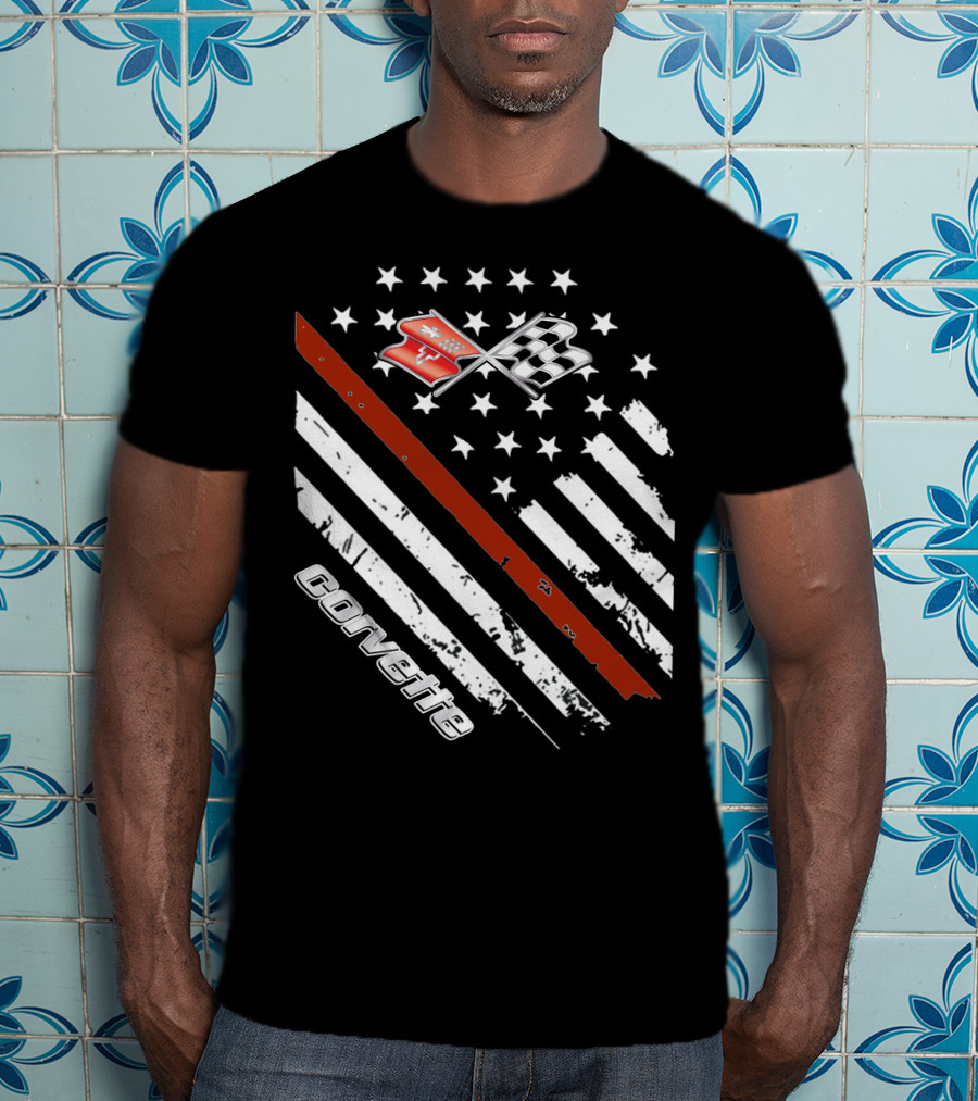 Corvette C3 American Flag Vintage Racing Stripes And Emblems T-Shirt