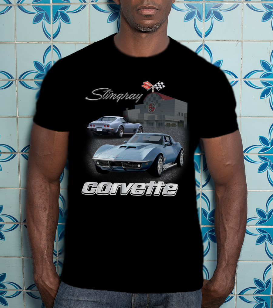 Stingray Corvette Classic C3 At Museum With Racing Flag Emblem T-Shirt