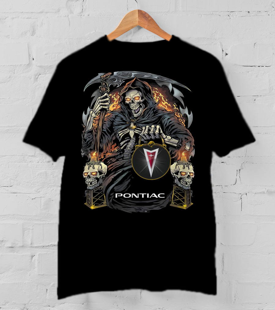 Pontiac Grim Reaper Holding Skull Flames T-Shirt