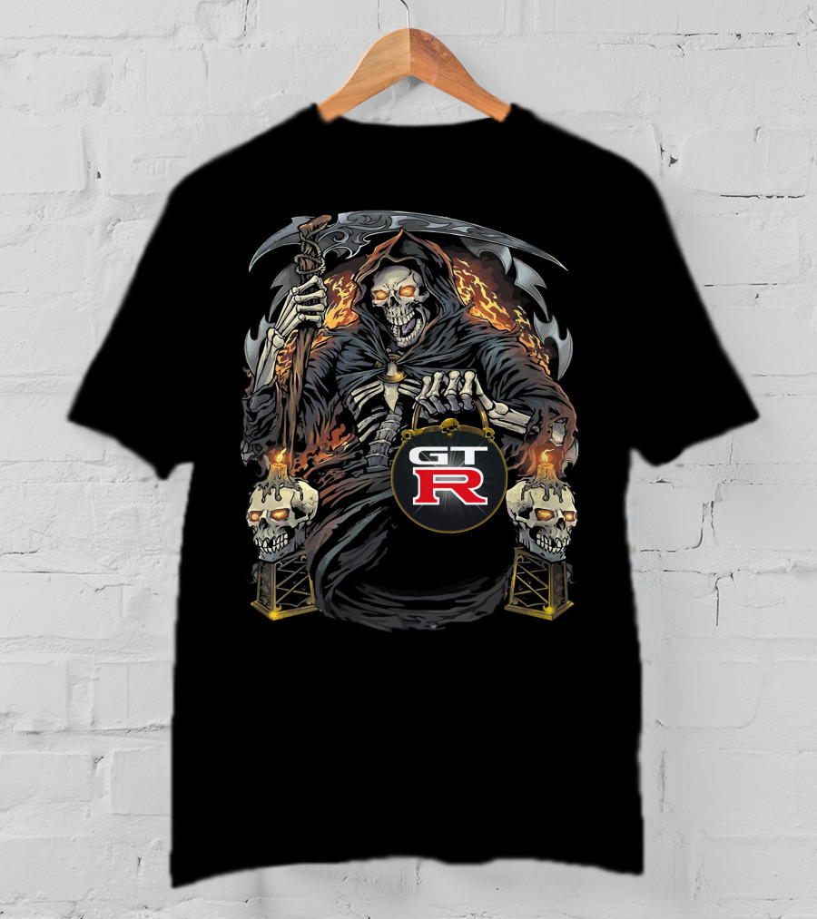 Nissan GTR01 Skeleton With Scythe And Flaming Skulls Retro T-Shirt