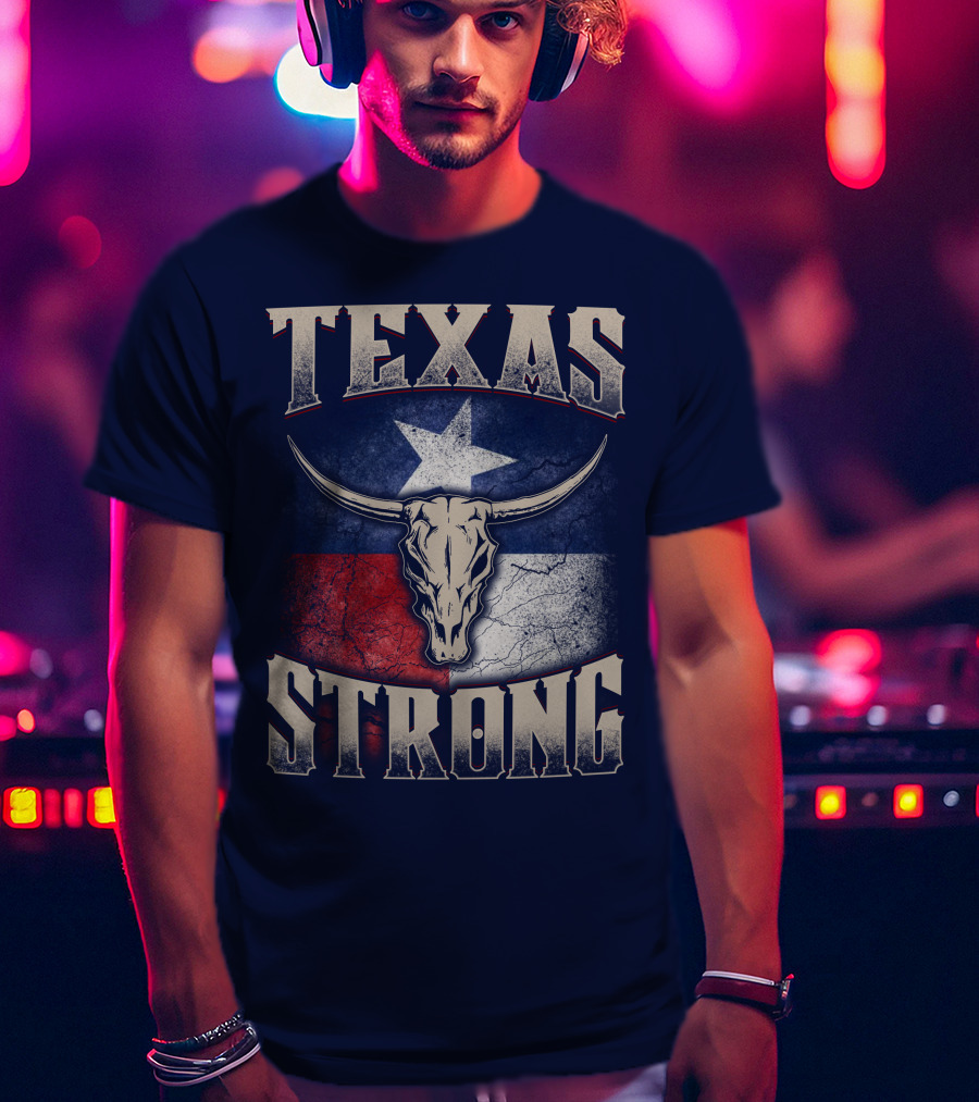 Texas Strong Longhorn Skull With Texas Flag T-Shirt