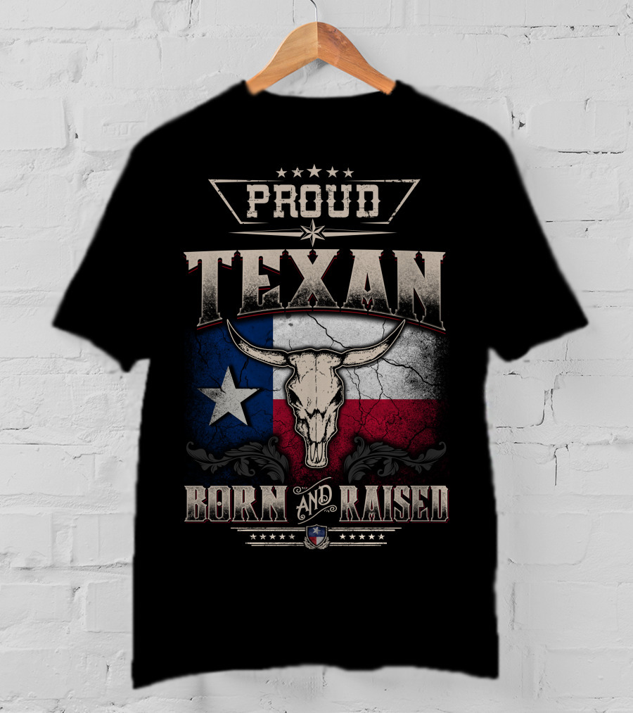 Proud Texan Born And Raised Texas Flag Longhorn Skull T-Shirt