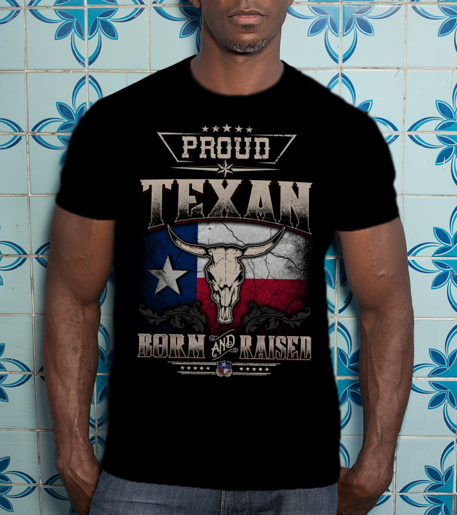 Proud Texan Born And Raised Texas Flag Longhorn Skull T-Shirt