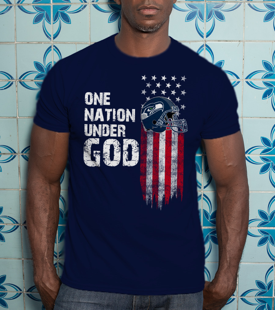 One Nation Under God Seattle Seahawks Flag Helmet Stars Stripes T-Shirt