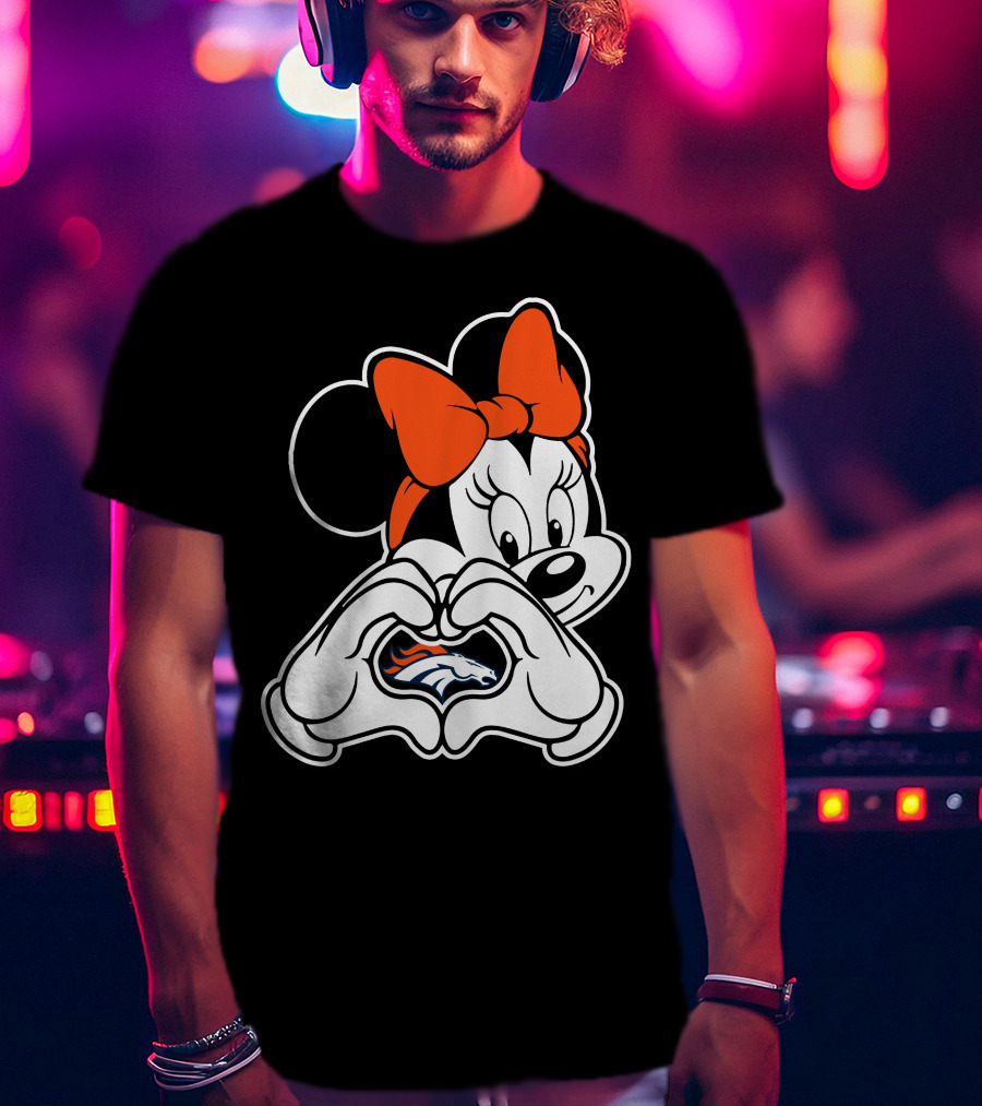 Minnie Mouse Heart Hands Denver Broncos Logo On Black Background With Orange Bow T-Shirt